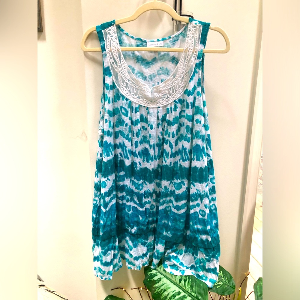 Teal/White Sleeveless Lace Collared Blouse